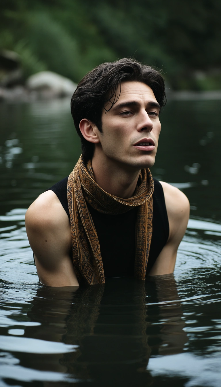 dslr, film grain, photorealistic, 1boy, scarf, sleeveless, deepthroat, water, full body