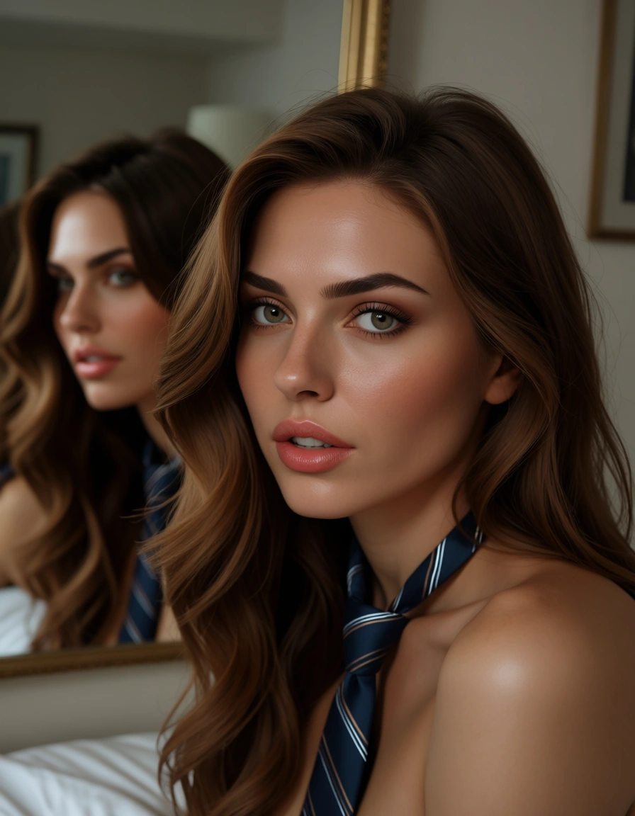 ultra HD, lifelike, 4girls, curvy figure, necktie, mirror reflection, creampie, on bed, portrait, RAW photo, score_9, score_8, candid photo, realistic skin texture, visible skin pores, film grain, depth of field