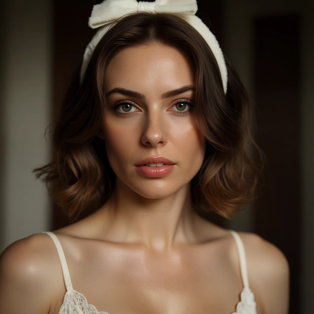 highly detailed, natural lighting, 1woman, brown hair, bow, presenting, natural skin texture