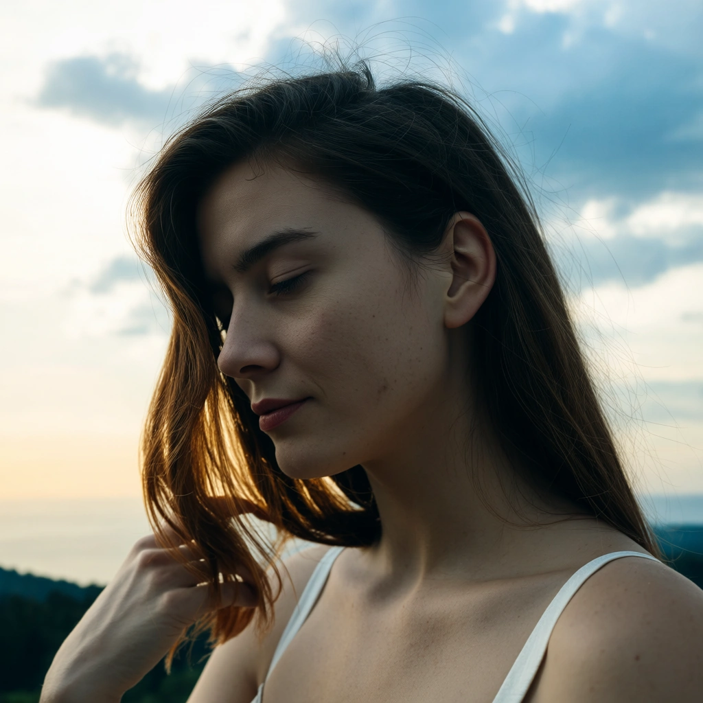 cinematic photo, 8k, solo, hair pull, bare shoulders, cloud, tender moment, 8k uhd photo