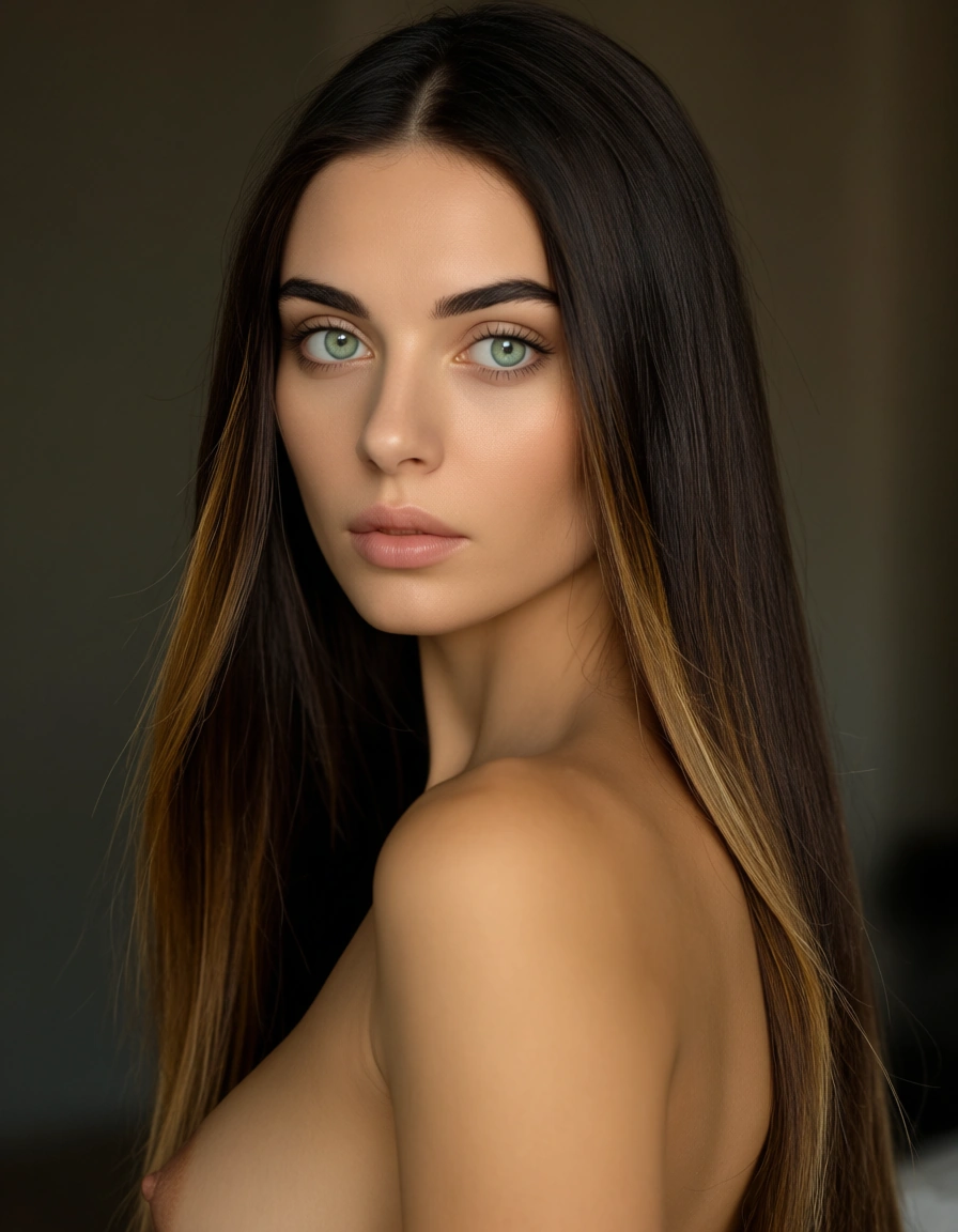 young woman with clear complexion and symmetrical features. She has long, straight dark brown hair, highlighted with lighter brown, parted down the middle that frames her soft oval-shaped face. Her eyebrows are dark and well-defined, and she has large, striking light-colored green eyes. She has a straight, delicate nose and full lips, looking back over her shoulder at the camera with a calm, neutral expression. naked, pussy, ass, breasts, masturbation, score_9, score_8, candid photo, realistic skin texture, visible skin pores, film grain, depth of field