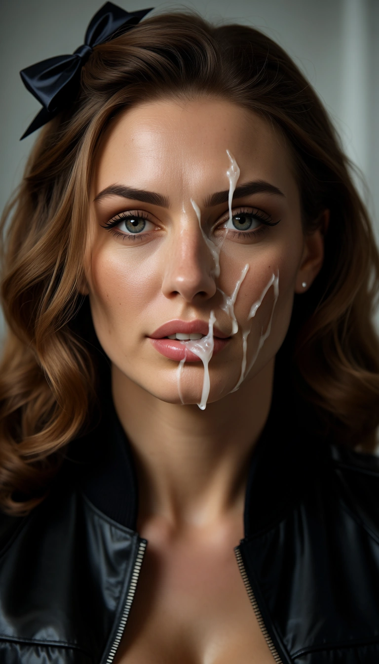 ultra HD, lifelike, 1woman, hair bow, jacket, cum on face, natural skin texture