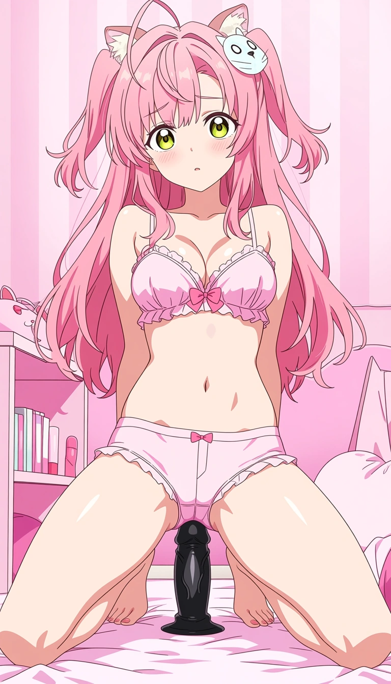 1girl, cute pink outfit, pink undies, riding dildo in cute pink room
