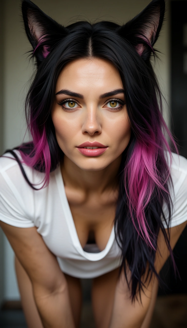 RAW photo, ultra realistic, catgirl, multicolored hair, white shirt, bent over