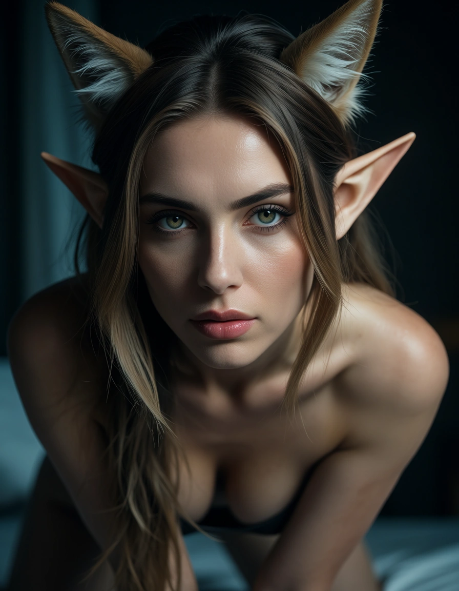 professional photo, high detail, elf woman, doggy style, animal ears, mysterious vibe, 8k uhd photo, score_9, score_8, candid photo, realistic skin texture, visible skin pores, film grain, depth of field