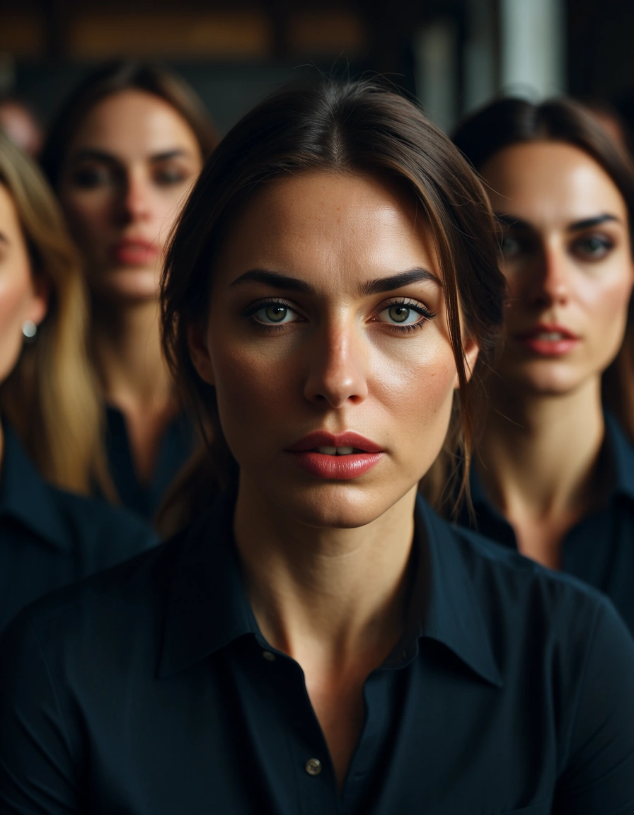 highly detailed, natural lighting, 6+girls, collared shirt, bondage, 8k uhd photo, score_9, score_8, candid photo, realistic skin texture, visible skin pores, film grain, depth of field