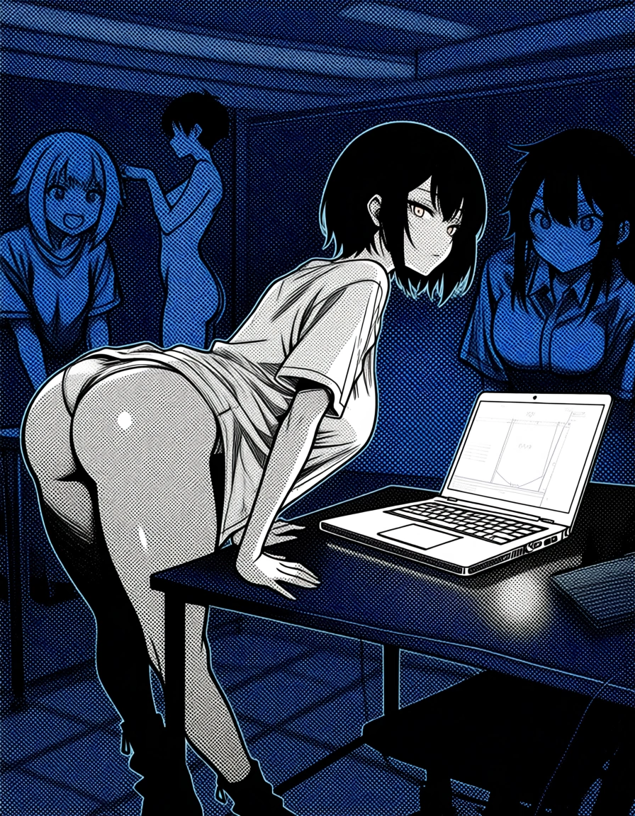 masterpiece, best quality, 3girls, leaning forward, fully nude, black footwear, visual novel art1boy intersex male, masculine face, sharp jawline, single eyelids, short black hair, beautiful sharp eyes, large breasts, big perky ass, wearing oversized shirt and panties, sitting at desk in front of laptop, adjusting webcam, the live stream preview on laptop shows only body without face, university dorm at night, manga style, black and white screentone, doujinshi panel，Be like a boy, and then have cute and handsome short black hair., (anime style:1.3), 2d, anime screencap, cel shading, flat color