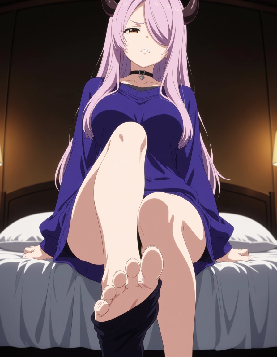 Narmaya, fully clothed, sitting on bed , removing sock, feet, barefoot, disgusted look, looking_at_viewer, bottom pov, five toes, (anime style:1.3), 2d, anime screencap, cel shading, flat color