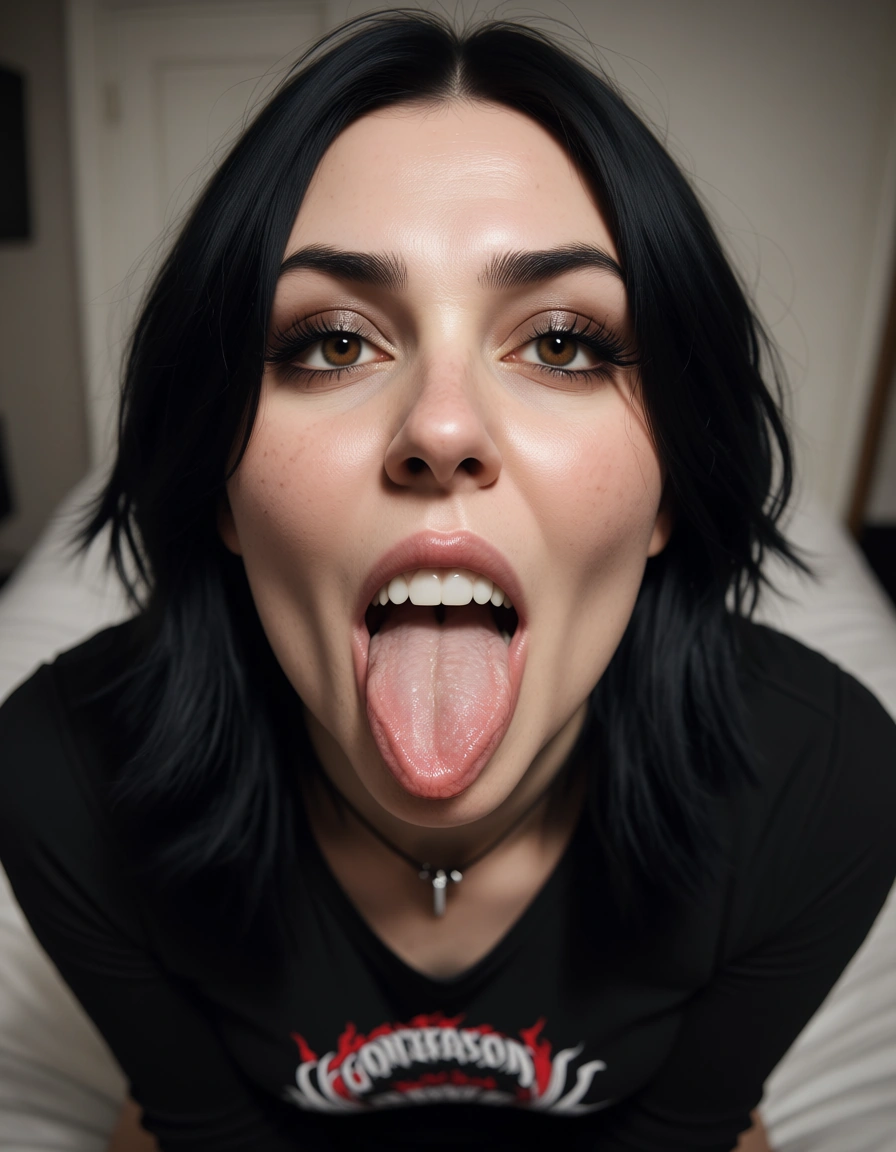 fat ass goth girl with big dick in mouth, score_9, score_8, candid photo, realistic skin texture, visible skin pores, film grain, depth of field
