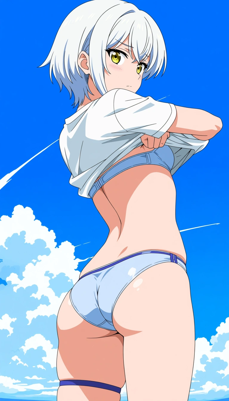 absurdres, highres, 1other, undressing, skindentation, white hair, sky, anime style