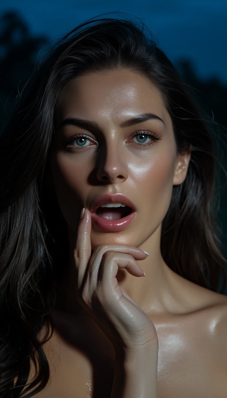 professional photo, high detail, portrait, solo, fingering, shiny skin, night, wild energy, film photography