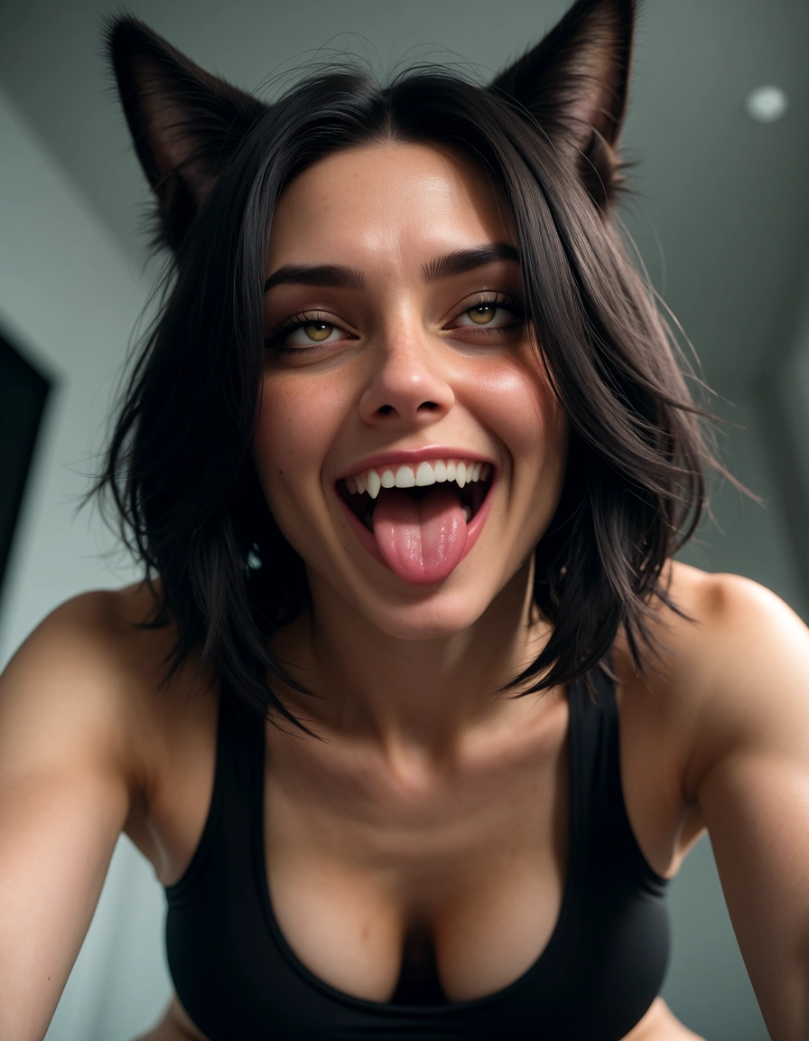 dslr, film grain, photorealistic, from below, catgirl, ahegao, athletic build, playful expression, 8k uhd photo, score_9, score_8, candid photo, realistic skin texture, visible skin pores, film grain, depth of field