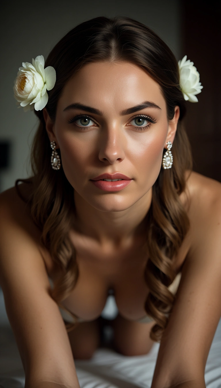 ultra HD, lifelike, solo, hair flower, earrings, 69 position, cinematic realism