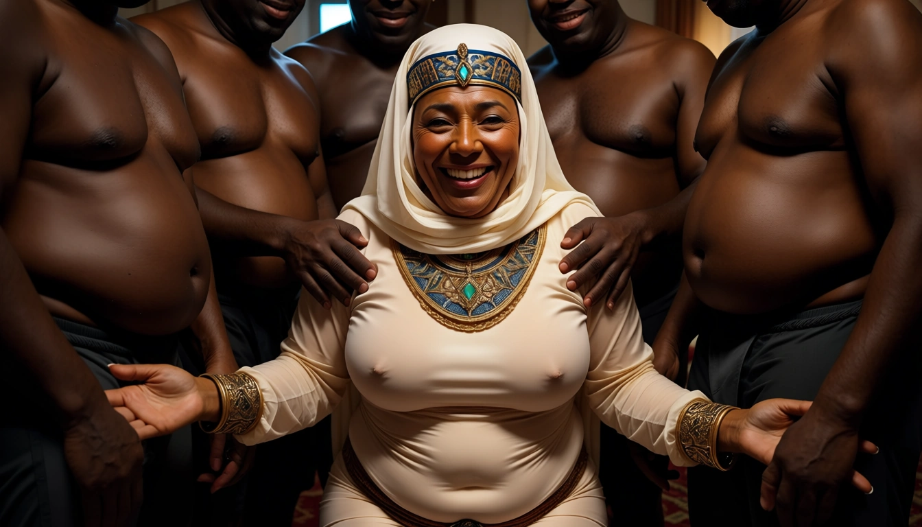 Sexy old Arab woman. She is wearing tight traditional clothes. She is surrounded by fat black men. She is smiling and very happy. The black men have their hands all over her. She is fat., score_9, score_8, amateur photo, phone snapshot, realistic skin texture, skin blemishes, soft indoor lighting