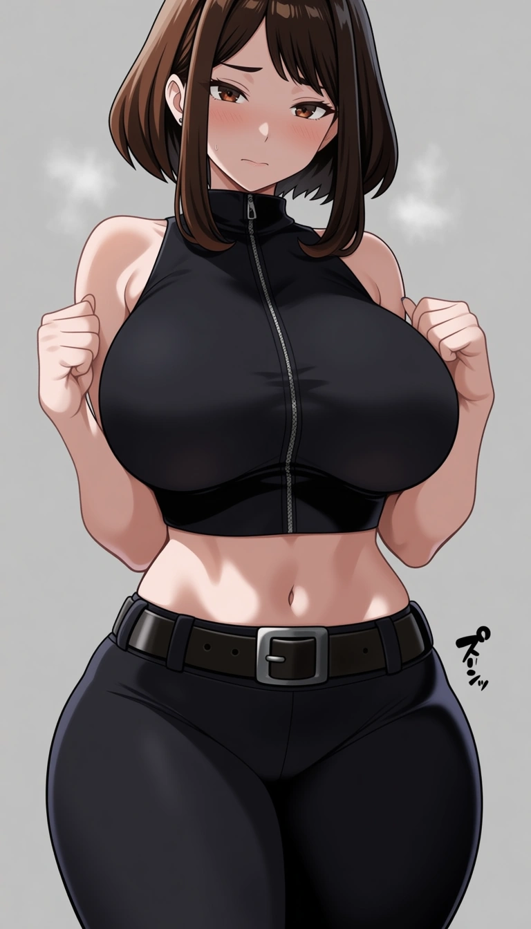 masterpiece, best quality,@uraraka_ochaco fitness model, belt, presenting, soft cel shading, hentai_studio_quality