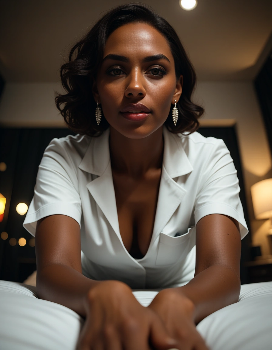 cinematic photo, 8k, nurse, dark skin, jewelry, facesitting, bed sheet, from below, spotlight, dslr quality, score_9, score_8, candid photo, realistic skin texture, visible skin pores, film grain, depth of field