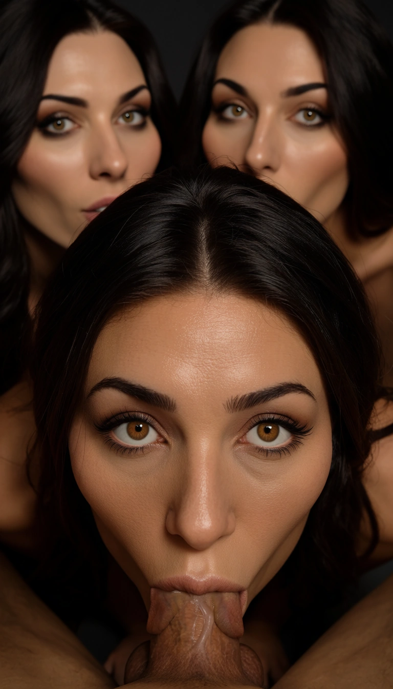 beautiful woman, twin girls and milf, (hair color and style, ethnicity:1.2), kneeling close, sucking a mans dick, blowjob, eager focused expression, cheeks hollowed, eyes looking up at viewer, pov, detailed face, soft lighting
