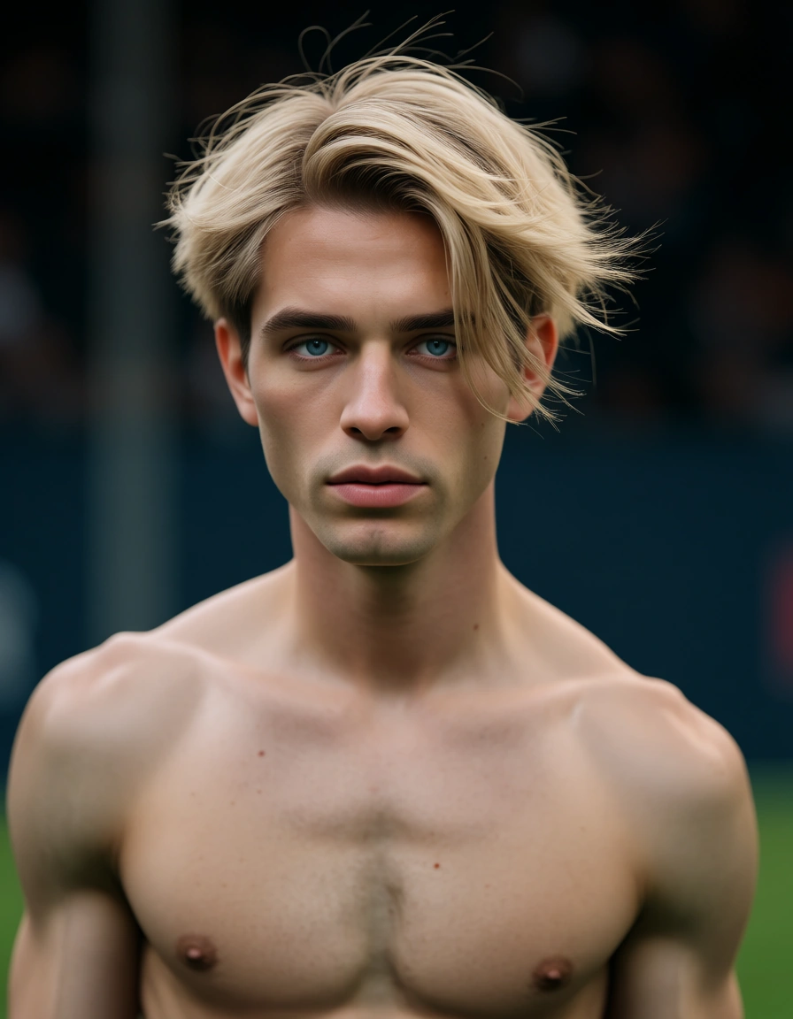 Hot twink boy, blond hair and blue eyes, naked, soccer player, score_9, score_8, candid photo, realistic skin texture, visible skin pores, film grain, depth of field