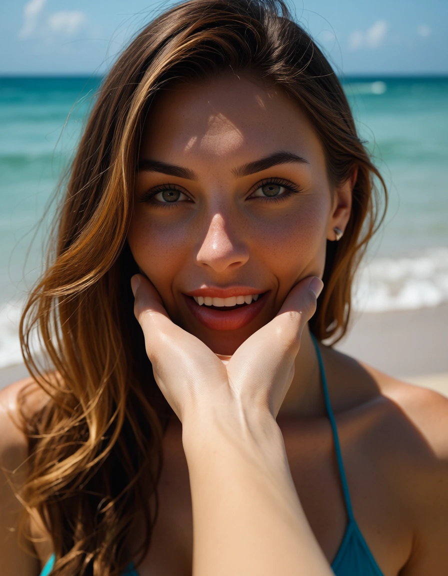 Brunette giving a hand job at the beach, score_9, score_8, candid photo, realistic skin texture, visible skin pores, film grain, depth of field