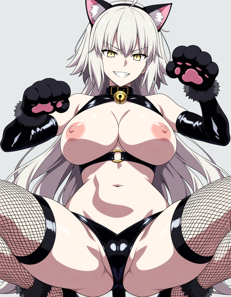 (anime style:1.3), 2d, anime screencap, cel shading, flat color, wearing sexy catgirl outfit with cat ears and tail, black latex bikini, exposed nipples, fishnet stockings, nipples fully visible , @jeanne_d'arc_alter_(fate)