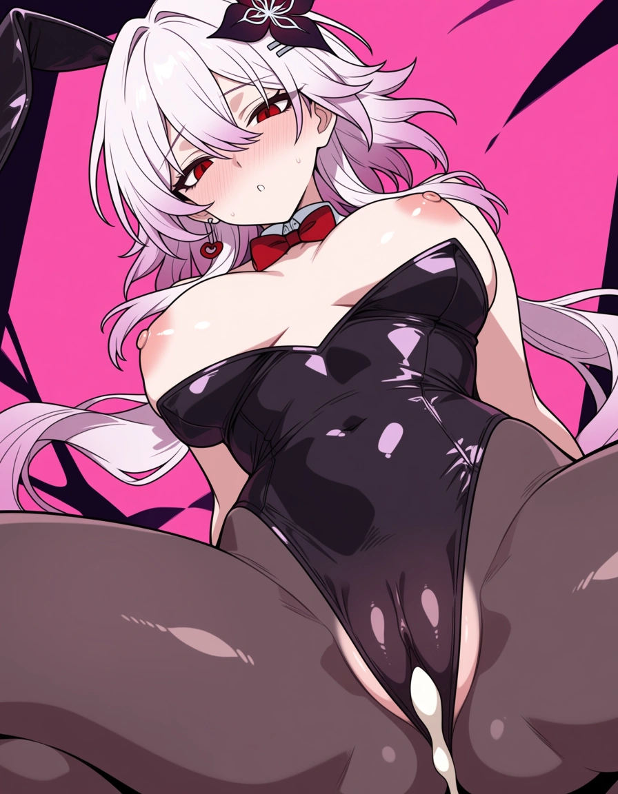 (anime style:1.3), 2d, anime screencap, cel shading, flat color, Evernight  from  Honkai: Star Rail , solo , bunny outfit , breasts_out , nipples ,  from_below , cum_in_pussy