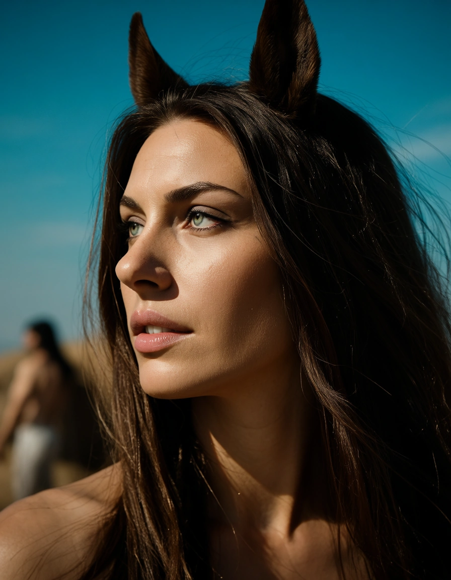 professional photo, high detail, solo focus, facesitting, horse ears, blue sky, 8k uhd photo, score_9, score_8, candid photo, realistic skin texture, visible skin pores, film grain, depth of field