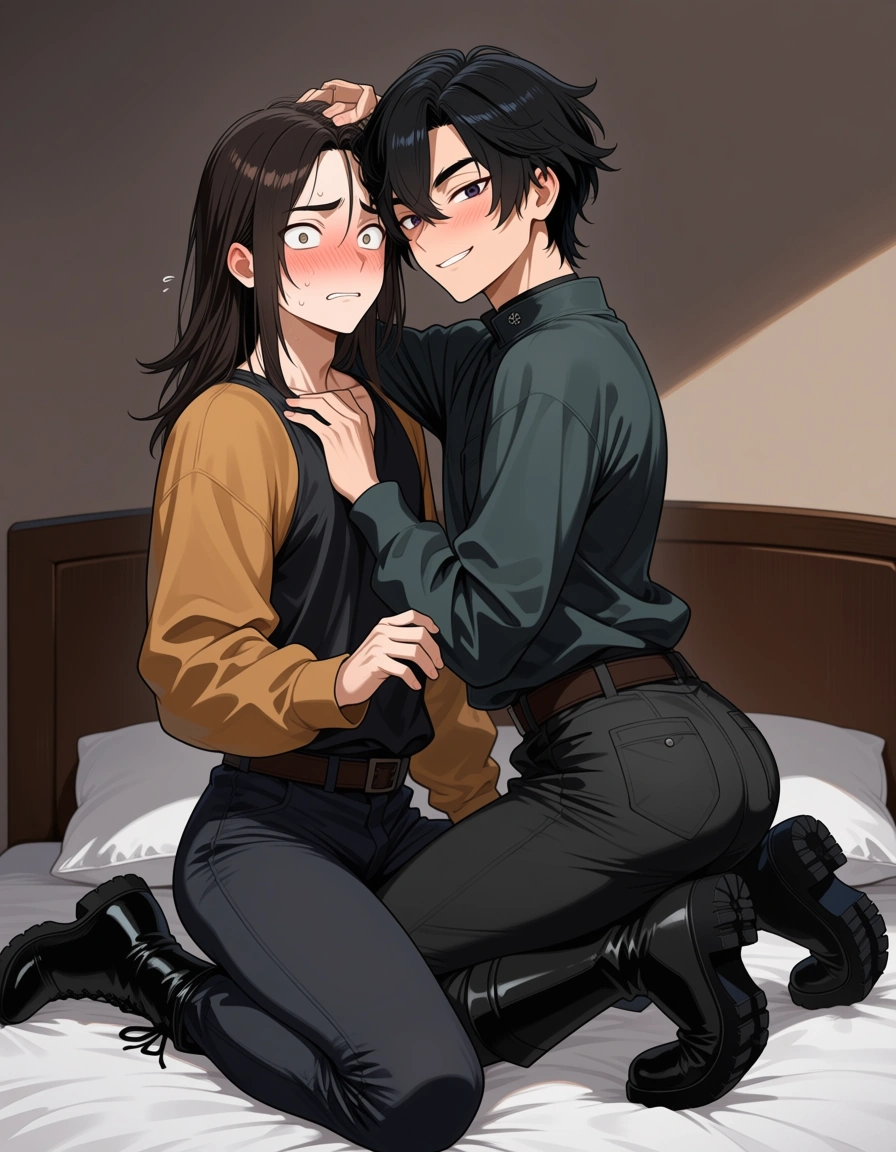 masterpiece, best quality, 2boys, boots, kneeling on bed, nervous blush, soft cel shading, hentai_studio_quality