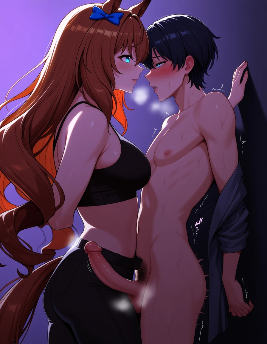 /masterpiece /best_quality absurdres /ultra_detailed outline maruzensky_(umamusume) trainer_(umamusume) 1boy 1futa futanari femdom futadom futa_on_male full_body male_penetrated futa_penetrating_male submissive_male anal suspended_congress mature_female tall_girl male_against_wall short_hair blue_eyes clothed_male_nude_female, hentai_studio_quality