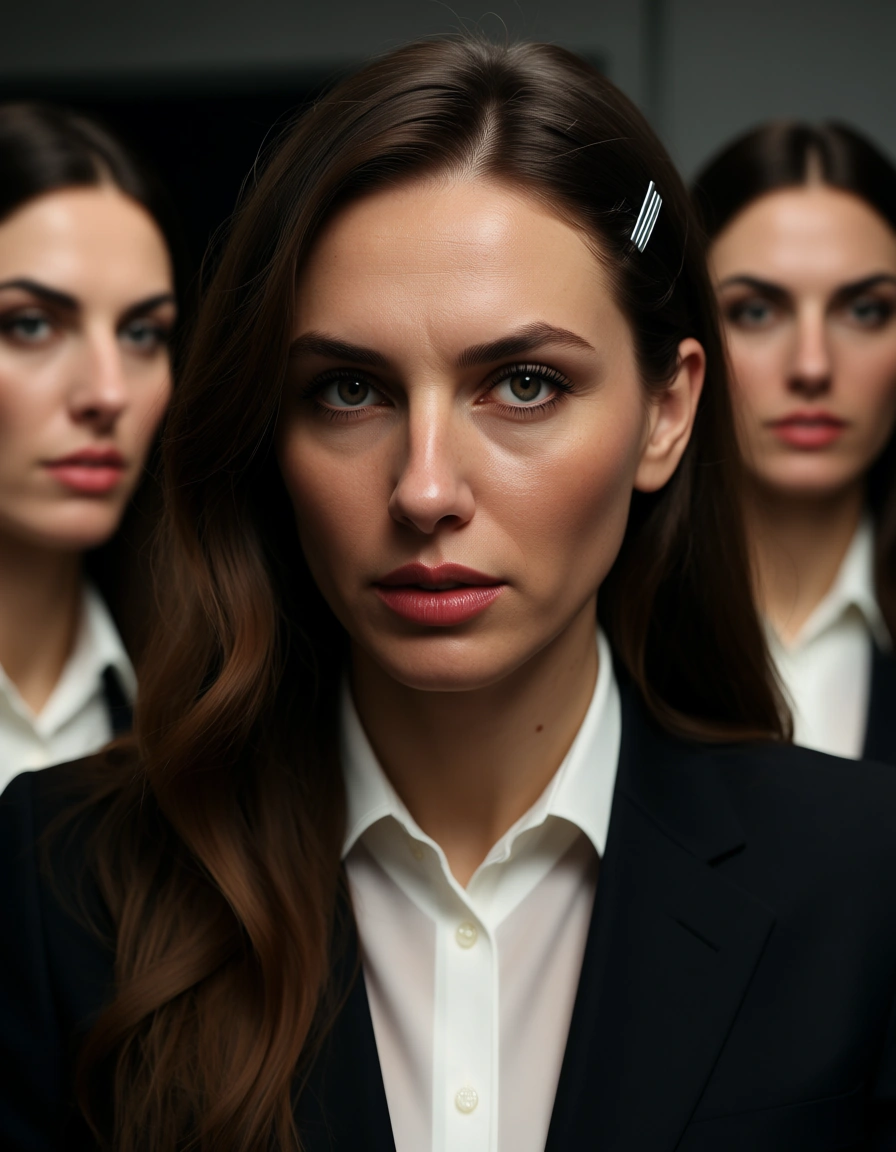 studio quality, sharp focus, 5women, hairclip, office wear, bondage, RAW photo, score_9, score_8, candid photo, realistic skin texture, visible skin pores, film grain, depth of field