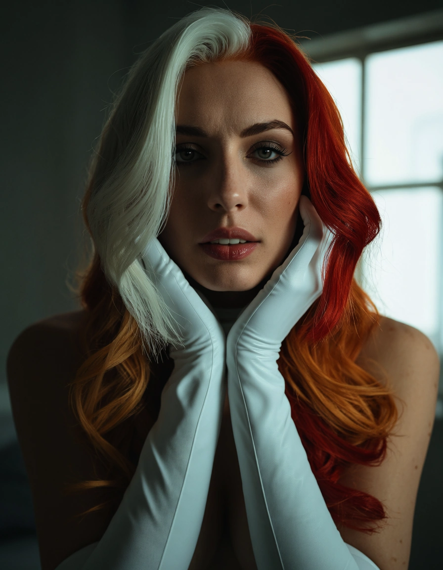 RAW photo, ultra realistic, redhead woman, two-tone hair, white gloves, bondage, window light, natural skin texture, score_9, score_8, candid photo, realistic skin texture, visible skin pores, film grain, depth of field