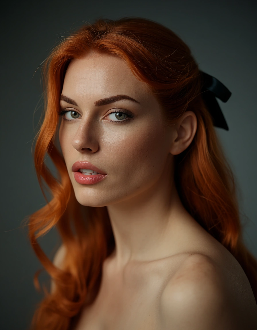 sharp focus, 8k uhd, redhead woman, hair ribbon, tail, facesitting, photorealistic, score_9, score_8, candid photo, realistic skin texture, visible skin pores, film grain, depth of field