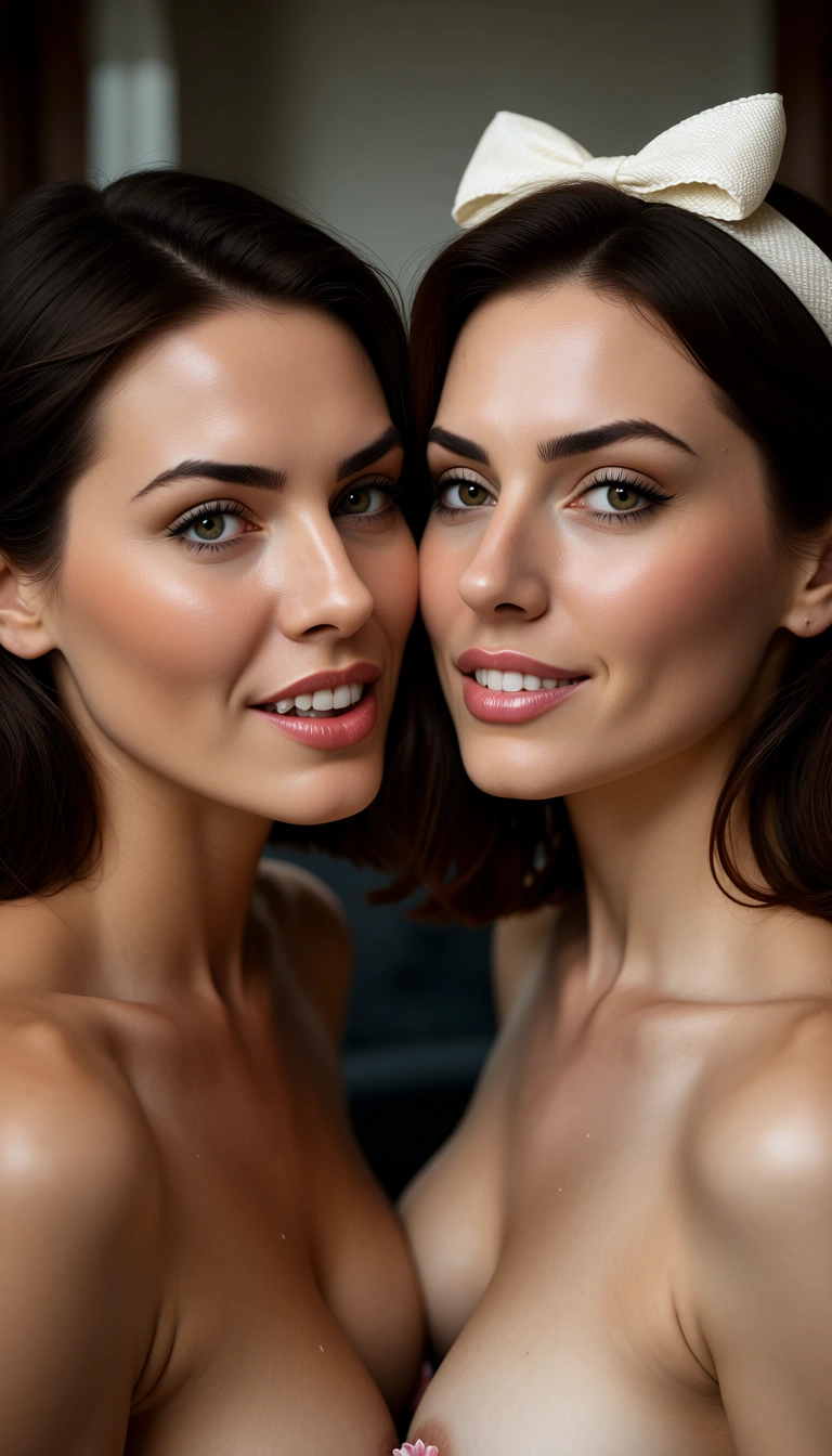 RAW photo, ultra realistic, 2women, medium hair, bow, teasing, cinematic realism