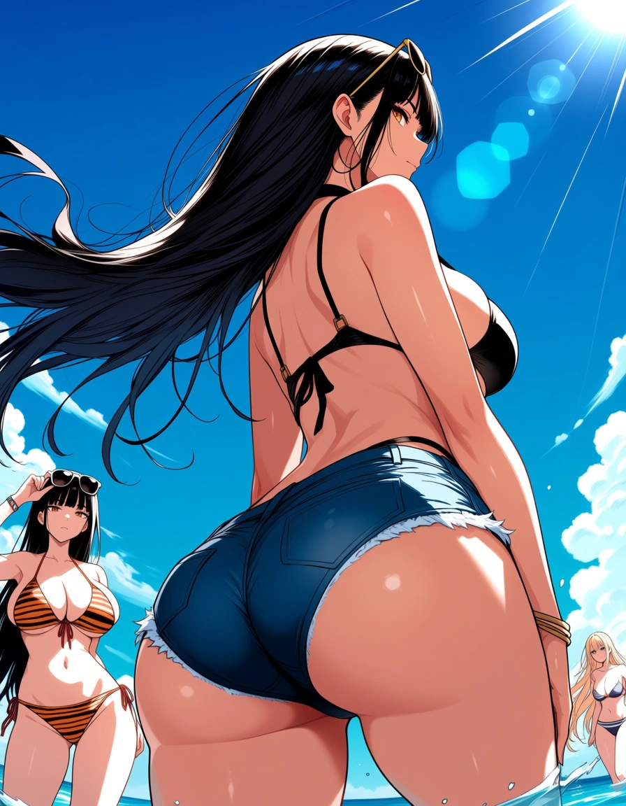 ultra detailed, multiple girls, creampie, sunglasses, floating hair, sunlight, manga panel look, hentai_studio_quality