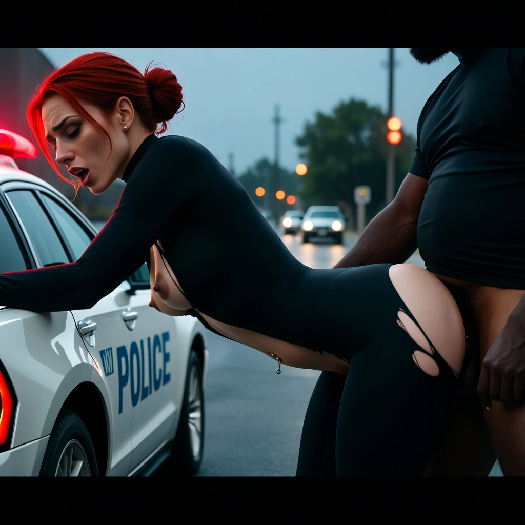 next to police car, interracial sex, clothed sex, torn black bodysuit, mature female, red hair in bun, medium breasts, firm ass, some pubic hair, navel piercing, bent over, orgasm, nigh