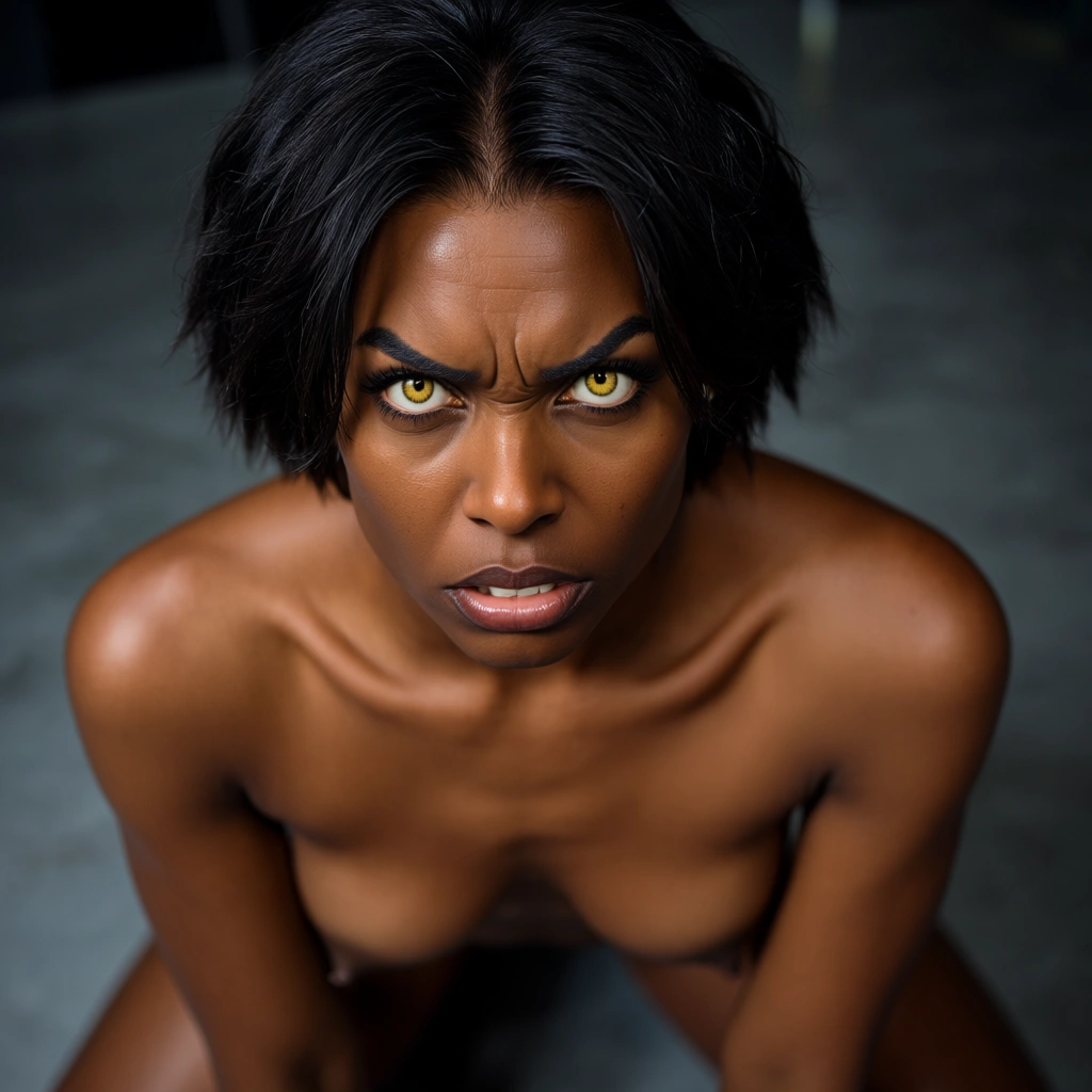 dark_skin girl with short_hair and yellow_eyes. She's angry. small_breasts. Naked. kneeling. looking_up