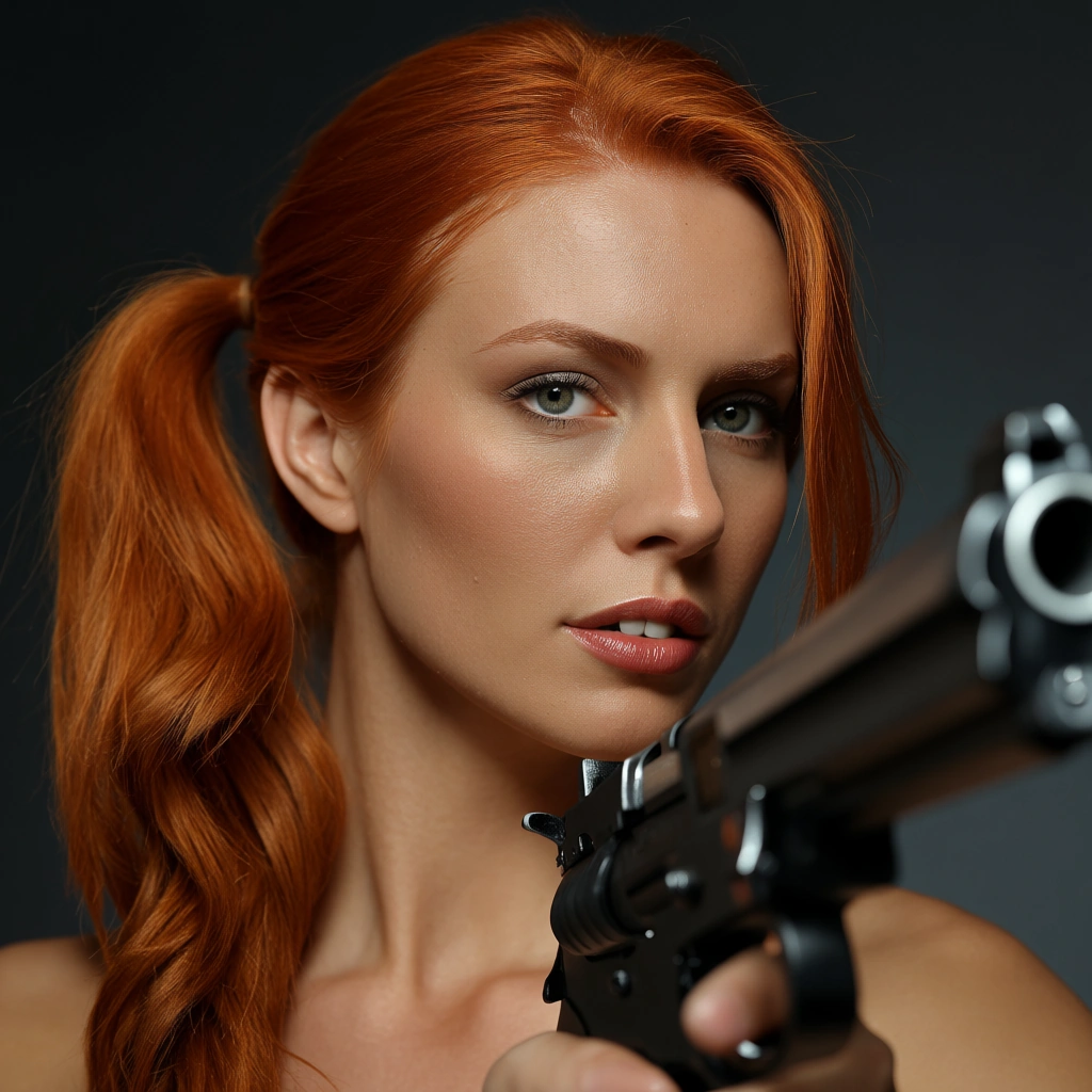 studio quality, sharp focus, redhead woman, side ponytail, weapon, reverse cowgirl, lifelike render