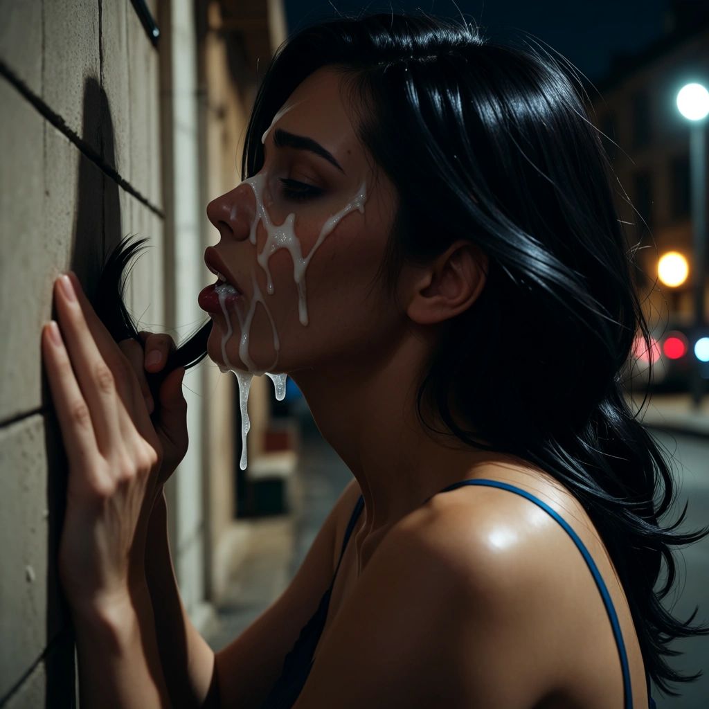 Against wall, blue garter_belt , grabs hair, side view, cum on her face, night street , my dick fuck her ass, black hair