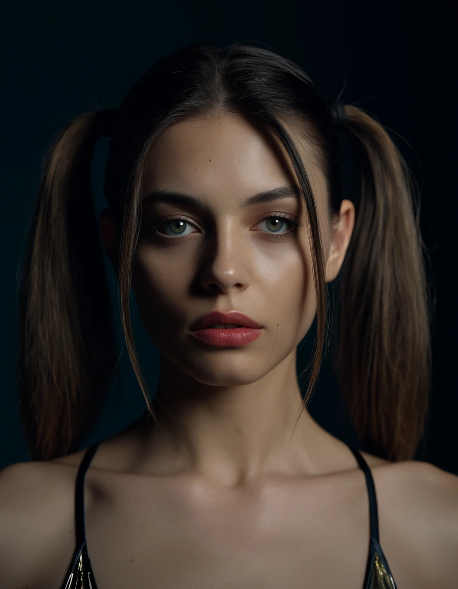 sharp focus, 8k uhd, 1other, twintails, swimsuit, topless, dramatic lighting, hyperrealistic, score_9, score_8, candid photo, realistic skin texture, visible skin pores, film grain, depth of field