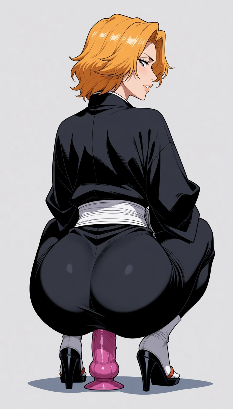 Rangiku Matsumoto from the anime Bleach squatting on a dildo and riding it. She still has her soul reaper kimono on.