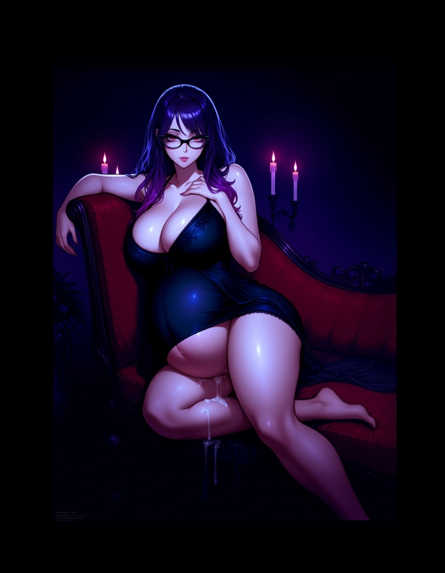 {a high-detail hentai style digital painting} of an {exquisitely adorable|alluring|stunningly curvy} goth girl with {pale, porcelain|sun-kissed|milky} skin and a {voluptuous, hourglass|soft, curvy|lush} physique. She has {cascading, waist-length|long, flowing|thick, wavy} {raven-black|deep indigo|midnight purple} hair that frames her {doe-eyed|sultry|intense} face, adorned with {thick-rimmed|sleek, black|elegant cat-eye} glasses that perch on her nose. She is wearing a {sheer, gothic lace|form-fitting velvet|minimalist silk} black mini-dress that clings to her {heavy, ample|massive, rounded|bursting} breasts, with the hemline hiked up to reveal she is wearing no panties. The focus shifts to her {plump, glistening|wet, swollen|heavy} pussy, which is dripping with {thick, pearlescent|viscous, glistening|creamy} cum, trailing down her {thick, soft|curvy|plump} thighs. Her lower abdomen is {noticeably swollen|rounded and heavy|bloated and tight}, showcasing a heavily distended, pregnant-looking womb and belly that suggests a deep, internal fullness. She is posed {leaning against a velvet chaise longue|slumped against a gothic stone wall|kneeling on a dark faux-fur rug} in a {dimly lit Victorian bedroom|moody, candle-lit sanctuary|dark, moody studio}, with {atmospheric chiaroscuro|soft, moody neon|warm, flickering candle} lighting highlighting the {wet sheen|glistening moisture|viscous textures} of her skin and the sheer eroticism of her state., hentai_studio_quality