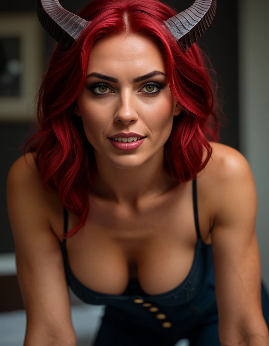 8k, sharp focus, detailed skin, demon girl, on all fours, buttons, RAW photo, score_9, score_8, candid photo, realistic skin texture, visible skin pores, film grain, depth of field