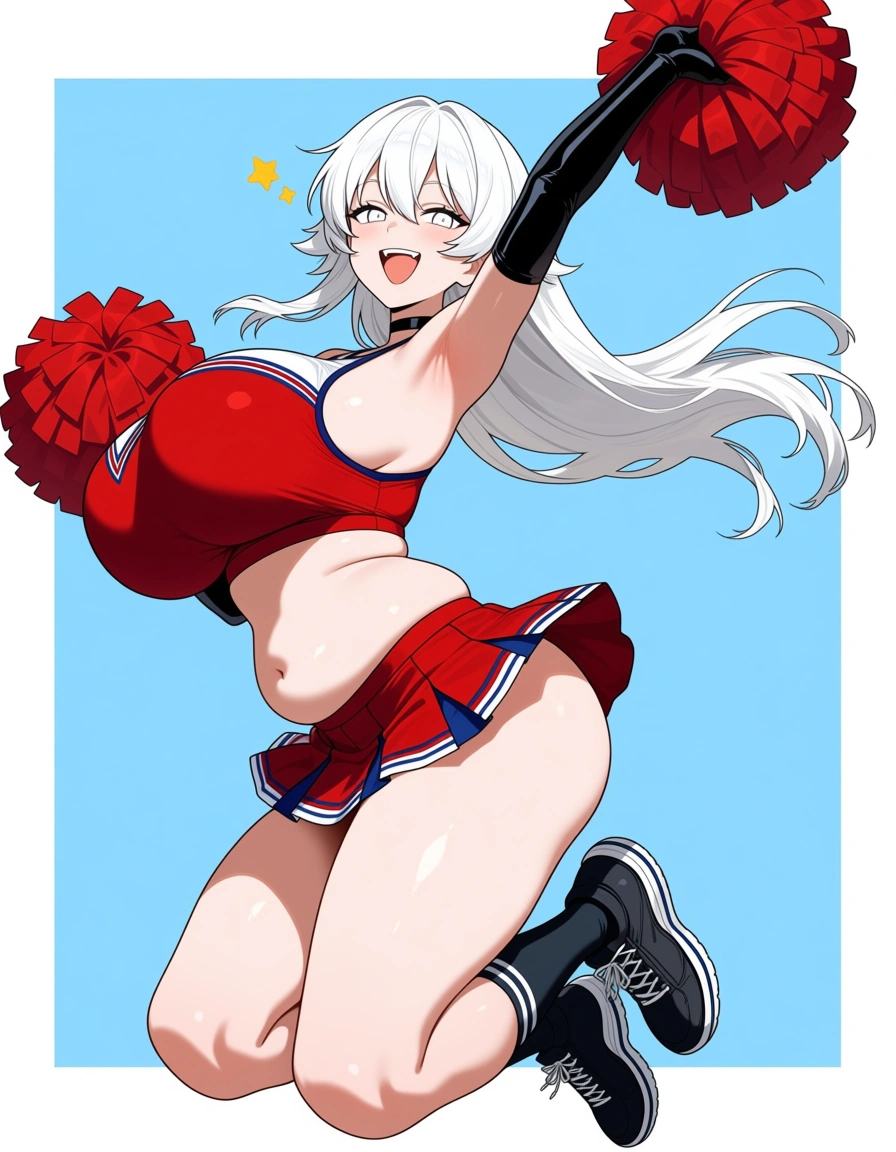 masterpiece, clean art, cheerleader , long hair, white hair, belly, short skirt, skirt , jumping , from_side , big breasts large_breasts, choker , black_gloves , black_choker , white eyes, ghot girl, full_body, light_smile, hentai_studio_quality