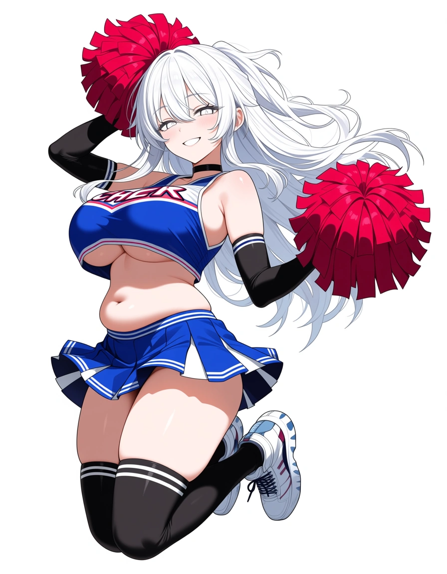 masterpiece, clean art, cheerleader , long hair, white hair, belly, short skirt, skirt , jumping , from_side , big breasts , choker , black_gloves , black_choker , thighhighs, white eyes, ghot girl, full_body, light_smile, pretty body, loose hair,, hentai_studio_quality