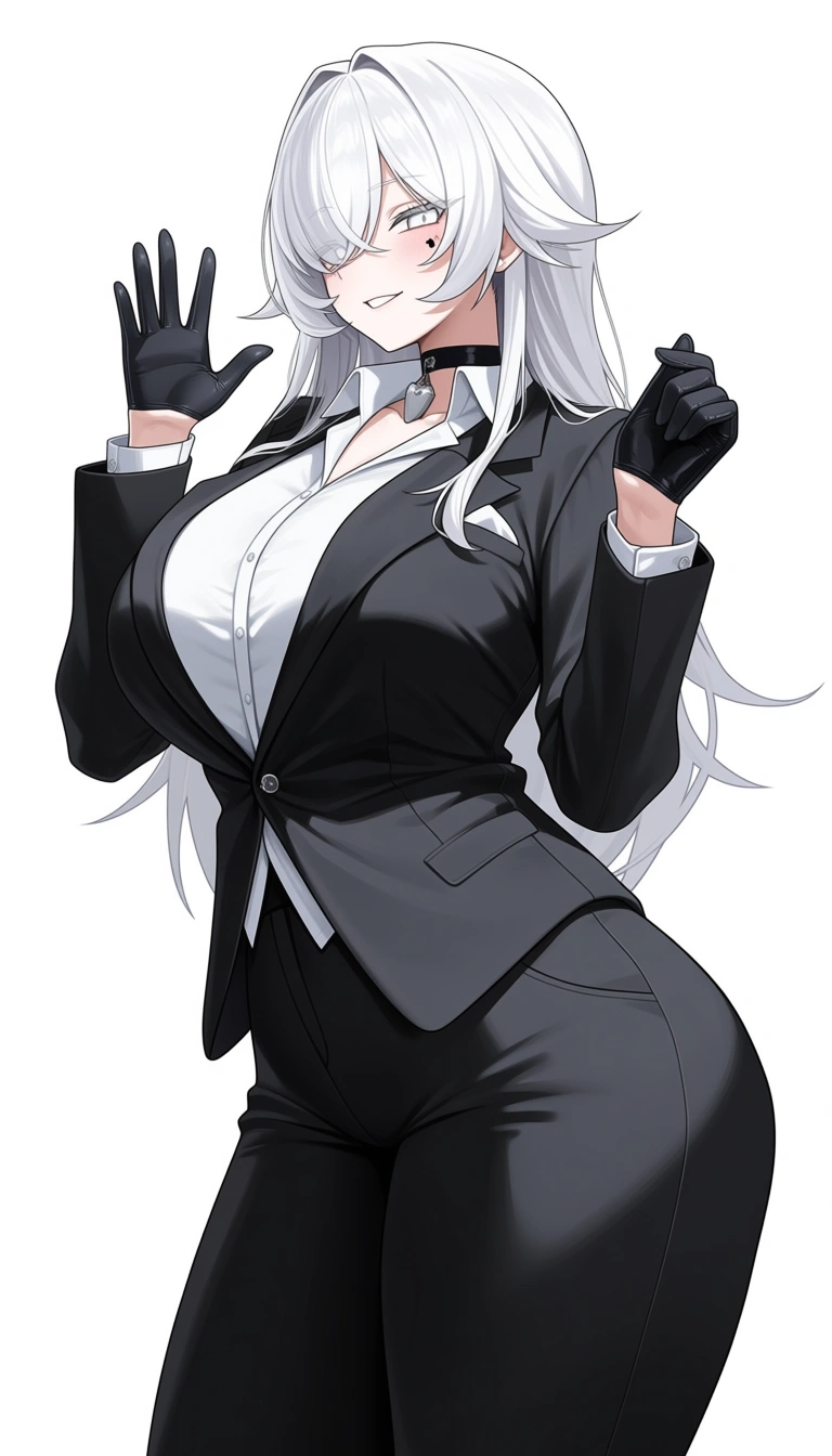 masterpiece, clean art, cheerleader , long hair, white hair, pants , from_side , big breasts , choker , black_gloves, black_choker , white eyes, ghot girl, full_body, light_smile, pretty body, loose hair, from front, artistic, hentai_studio_quality, white blouse, black pants, tuxedo, gloves, hentai_studio_quality, formal clothes_pull, hentai_studio_quality