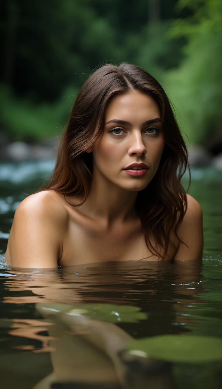 swimming in river nude sence, score_9, score_8, candid photo, realistic skin texture, visible skin pores, film grain, depth of field
