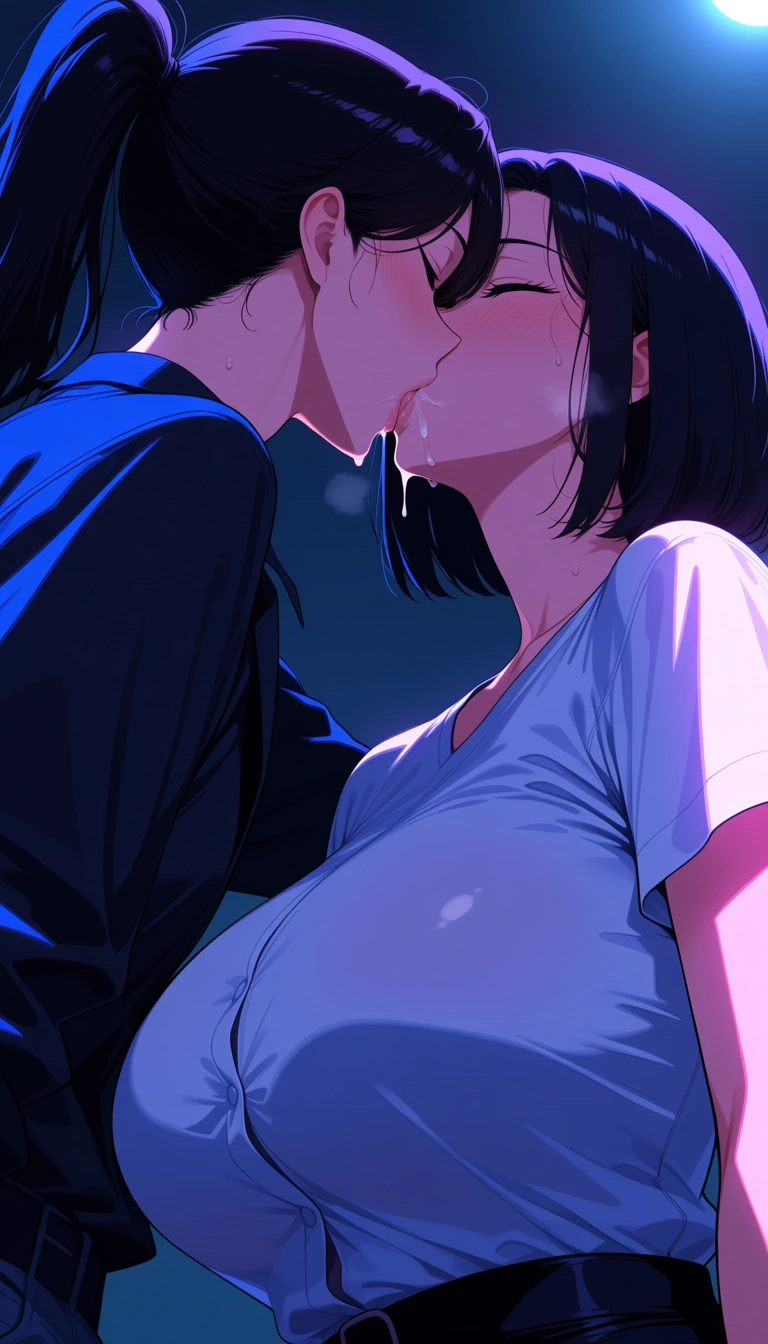 ultra detailed, crisp, fellatio , black_hair hair, shirt, kissing, cumshot, outdoors, from below, neon glow, soft anime shading, large_breasts