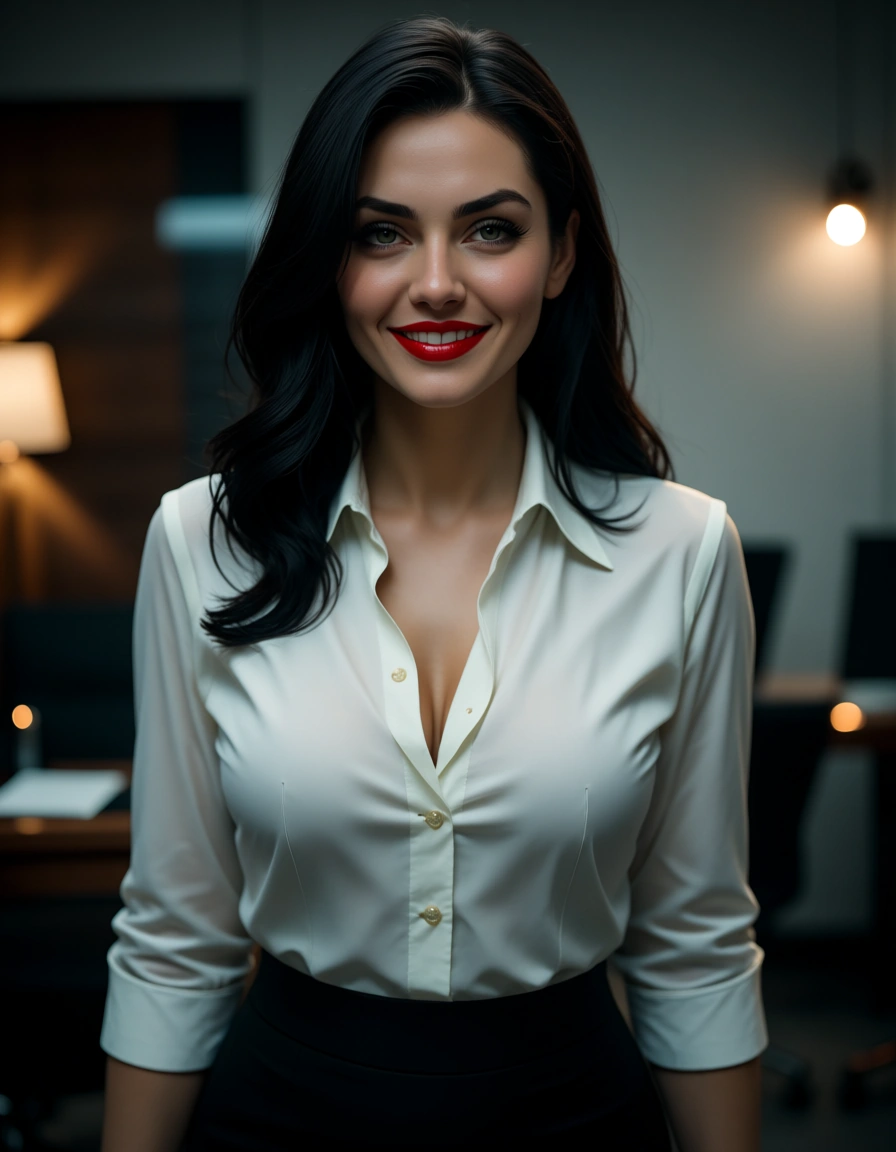 Hot secretary, black hair, red lips, shirt, neck line, black skirt, cute unsure girly face, lustfull smile, standing in an office, score_9, score_8, cinematic film still, anamorphic, film grain, dramatic lighting, shallow depth of field