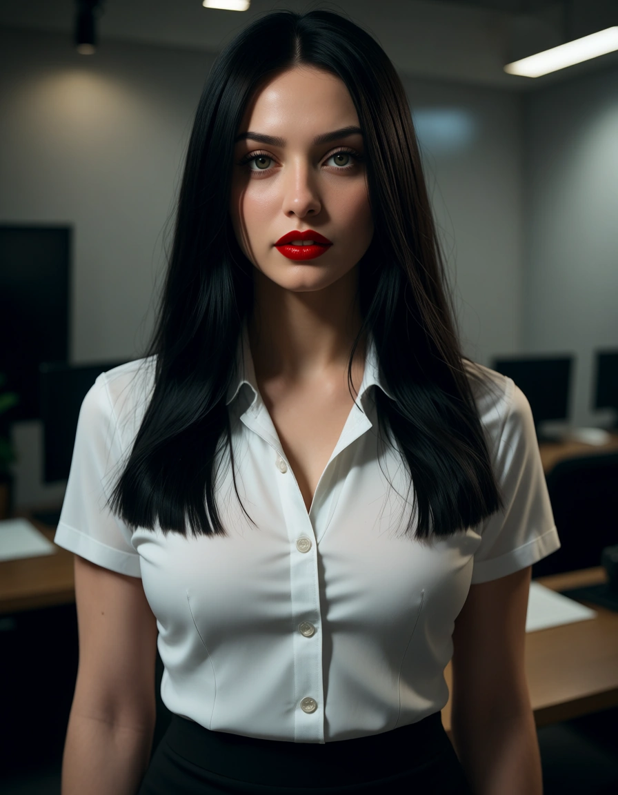 Hot secretary, straight black hair, red lips, shirt, neck line, black skirt, cute unsure girly face, standing in an office, score_9, score_8, cinematic film still, anamorphic, film grain, dramatic lighting, shallow depth of field