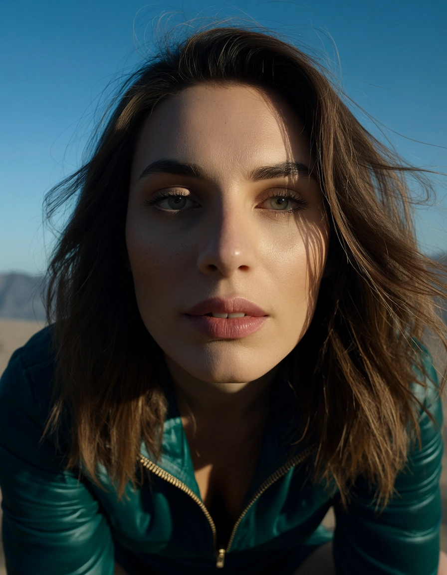 studio quality, sharp focus, bunny woman, feet out of frame, jacket, facesitting, blue sky, close-up, film photography, score_9, score_8, candid photo, realistic skin texture, visible skin pores, film grain, depth of field