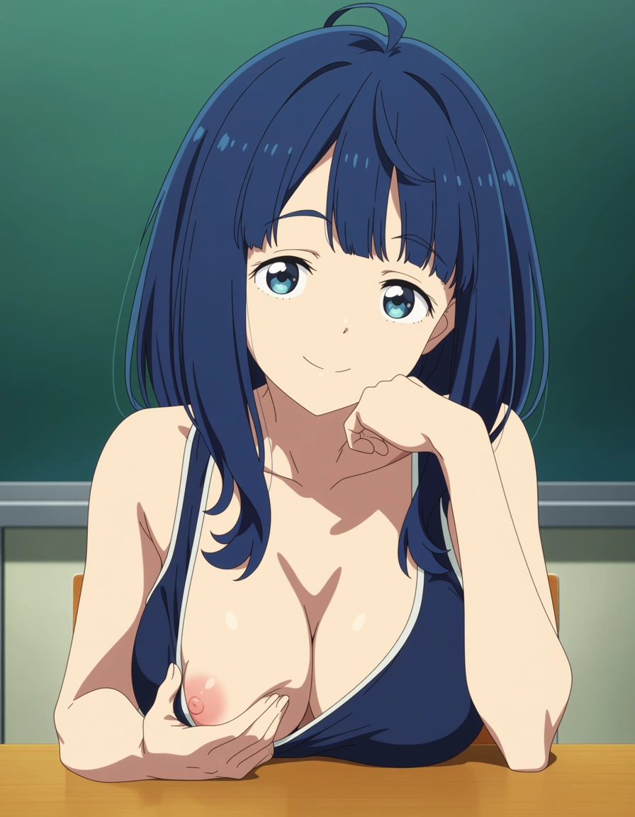 (anime style:1.3), 2d, anime screencap, cel shading, flat color, Anna Yanami from Make Heroine ga Oosugiru! , sitting at a desk, smiling, one hand resting on his chin, the other hand exposing one breast